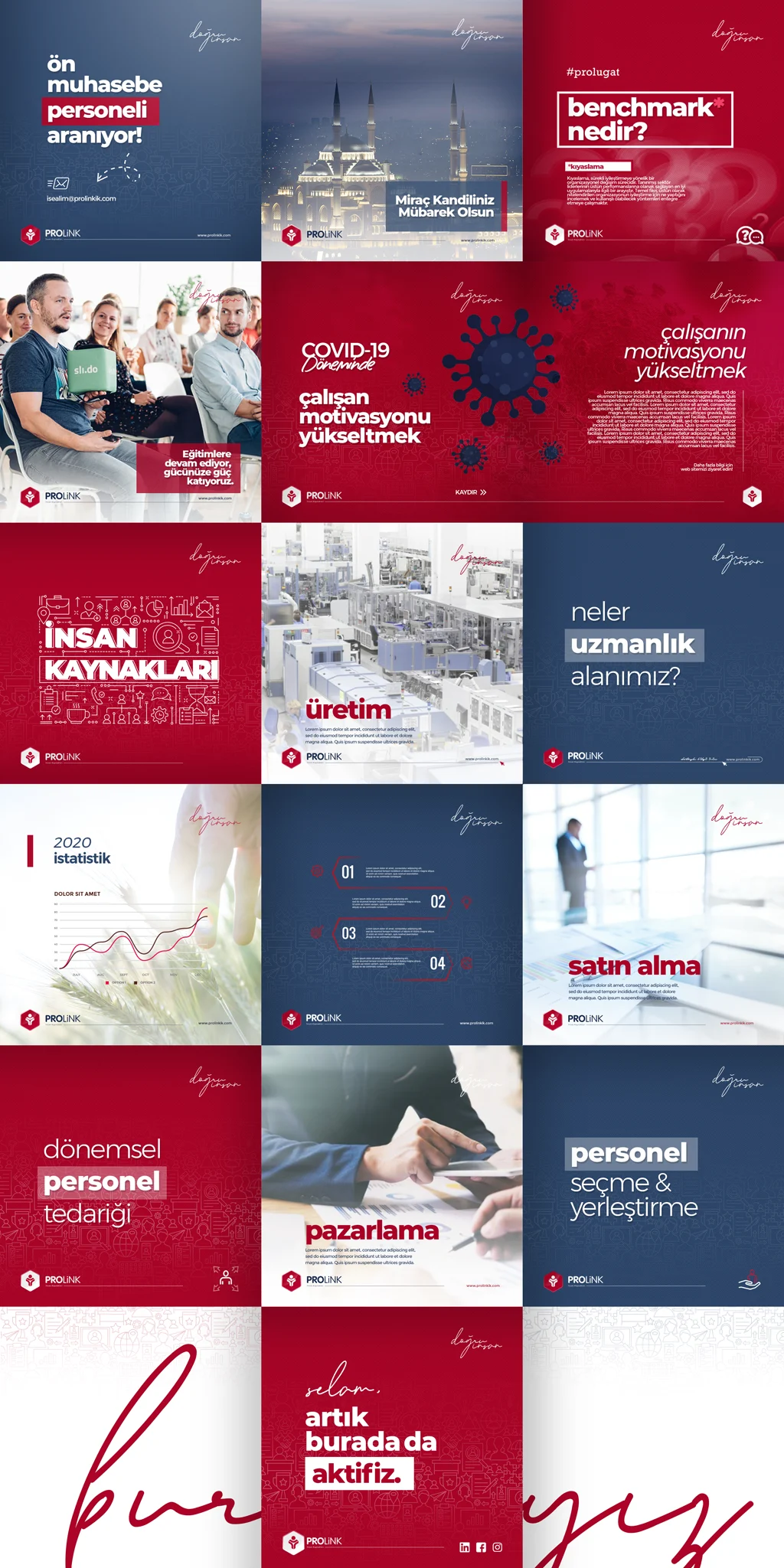 Prolink’in 18 gönderilik Instagram akışı: kırmızı ve lacivert zeminlerde hizmet, bilgilendirme ve özel gün gönderileri; en alt satırda üç kareye bölünmüş ‘selam, artık burada da aktifiz’ görseli